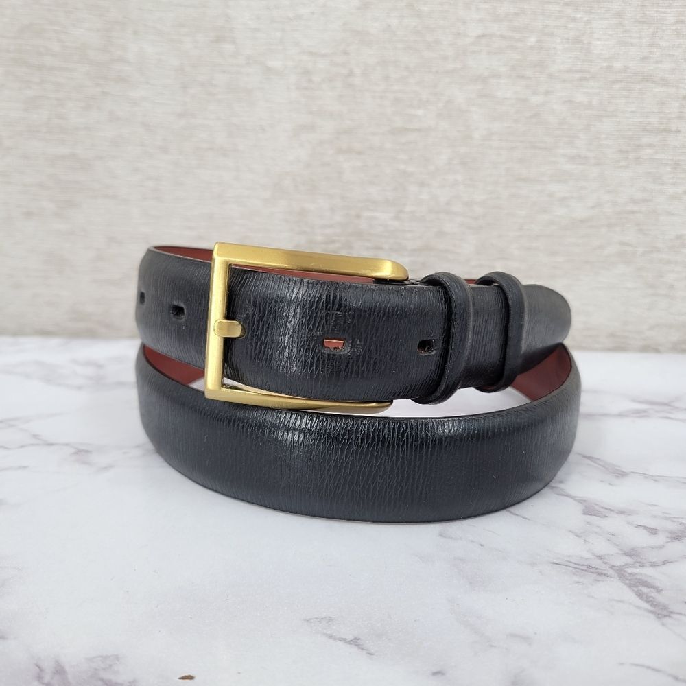 Perry Ellis Men's Black Leather Belt with Gold Buckle